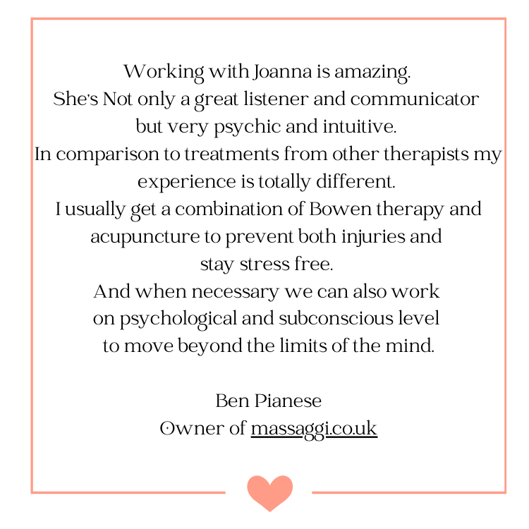 Working with Joanna is amazing. She's Not only a great listener and communicator but very psychic and intuitive. In comparison to treatments from other therapists my experience is totally differen